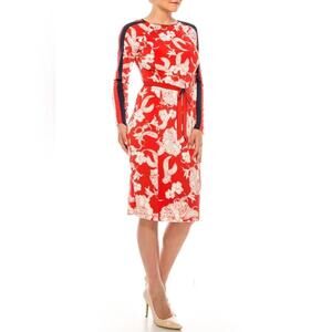 Maggy London Red/White Floral Long Sleeve & Navy Side Stripes Midi Dress - 6